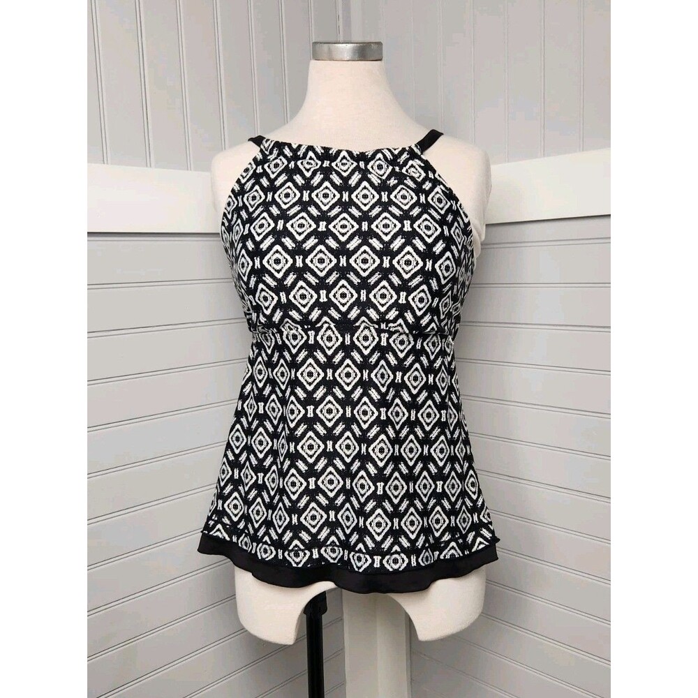 24 & Ocean Tankini Top Black/White Geo Print Womens L High Square Neck Aztec